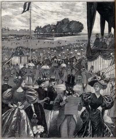 Las carreras de Lyon - después del gran premio - grabado en “El Progreso ilustre” de 1895 de French School