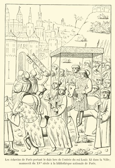 Los concejales de París llevando el dosel durante la entrada del rey Luis XI en la ciudad; manuscrito del siglo XV en la biblioteca nacional de París de French School
