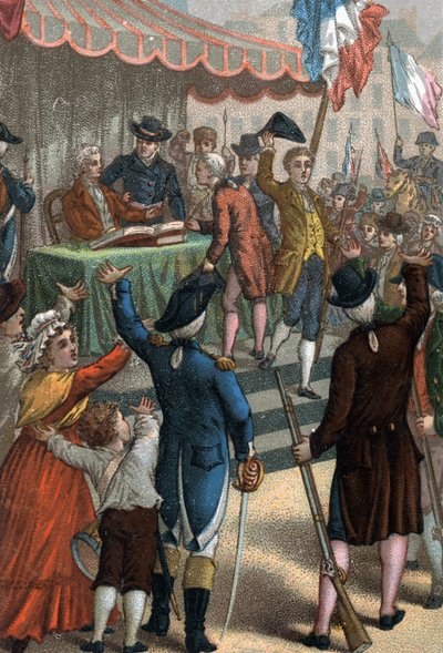 Los enrolamientos voluntarios (frente al teatro de Odeón, París), La Patria en peligro, 22 de julio de 1792 de French School