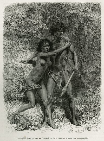 Les fugitives aborigenes, grabado según un dibujo de D.Maillart, para ilustrar el relato Seis meses en Australia, de Desire Charnay, misión asignada por el Ministerio de Instrucción Pública, en 1878, publicado en el tour du monde, bajo la dirección de de French School