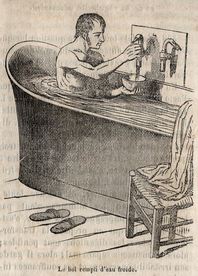 Los gestos del baño - Higiene en el siglo XIX - hombre en una bañera - grabado en “La Salud Universal - Guía Médica de las Familias” 1852 de French School