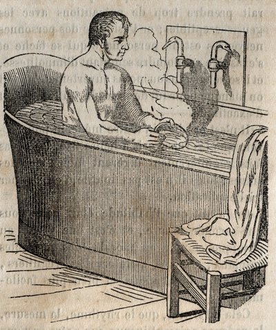 Los gestos del baño - Higiene en el siglo XIX - hombre en una bañera - grabado en “La Salud Universal - Guía Médica de las Familias” 1852 de French School