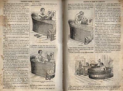 Los gestos del baño - Higiene en el siglo XIX - hombre en una bañera - grabado en "La Santé Universelle - Guide Médical des Familles" 1852 de French School