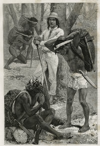 Los porteadores (caucheros) en Darién (región del este de Panamá), grabado después de un dibujo de D. Maillart, para ilustrar la historia Exploración en el istmo de Panamá y Darién, por A. Reclus, teniente de navío, de 1876 a 1878, publicado en la tour du  de French School