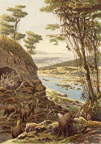 Las primeras edades de la humanidad, la edad del oso cavernario (litografía en color) de French School