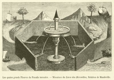 Los cuatro grandes Ríos del Paraíso terrenal, Miniatura del Libro de las Maravillas, Relación de Mandeville de French School
