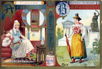 Letra A como Novia Árabe y B como Joven Bávara. Alfabeto de mujeres. Serie de 12 imágenes. Publicidad de Liebig de French School