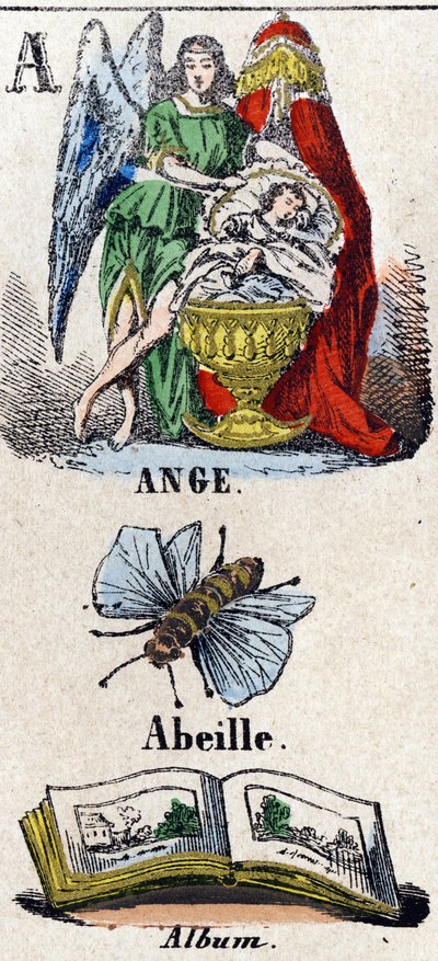 Letra A como Ángel, Abeja y Álbum. Un ángel protector cerca de un niño durmiendo en una cuna. Pequeño alfabeto enciclopédico. Imagen de Epinal, circa 1860 de French School