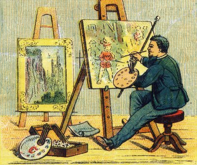 Letra A: pintor en su estudio. Grabado en "ABC indechirable sobre lienzo barnizado". A. Capendu, editor, París, finales del siglo XIX. Librería infantil ilustrada. 8 páginas. Dim: 21,5x18cm. de French School