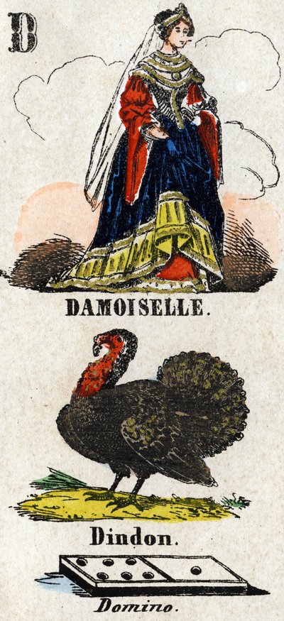 Letra D como damisela, pavo y dominó. Pequeño alfabeto enciclopédico. Imagen de Epinal, circa 1860 de French School