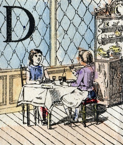 Letra D, niña jugando a la comidita. ABC de las niñas. Imagen de Epinal de French School