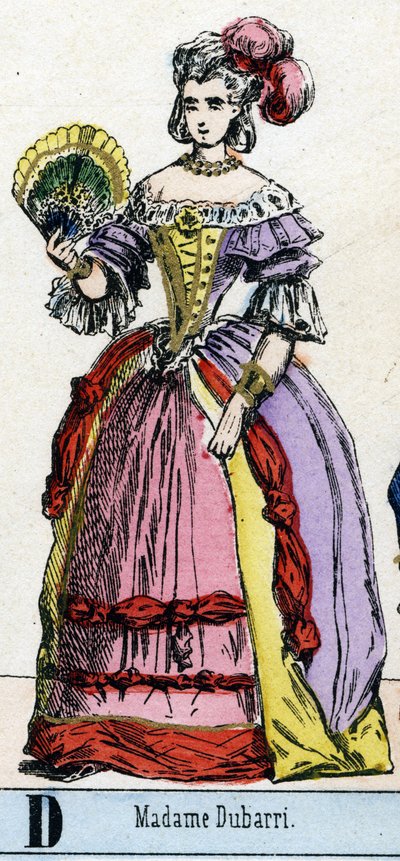 Letra D como la Sra. Dubarri. Retrato de Jeanne Becu, conocida como de Cantigny, Condesa du Barry (1743-1793) favorita de Luis XV, Rey de Francia. Abecedario del Museo Teatral. Imagen de Epinal, circa 1830. Dim: 37,7x47,5cm. Grabados en madera, estarcidos  de French School