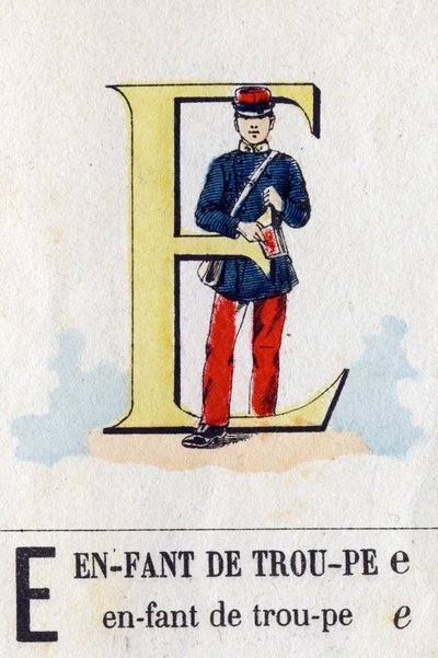 Letra E como niño de tropa. Alfabeto militar. Imágenes de Epinal, circa 1870-1880. Xilografías coloreadas con esténcil de French School