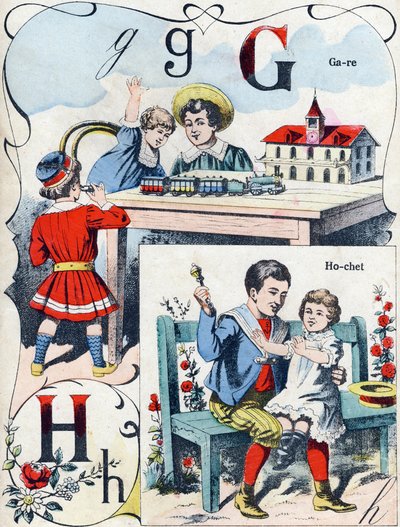 Letra G H: estación y sonajero. Grabado en "ABC des joux pour petits boys". Imágenes de Pont-a-Mousson, Louis Vagne, impresor-editor, finales del siglo XIX. Dim: 32,5x25 cm de French School