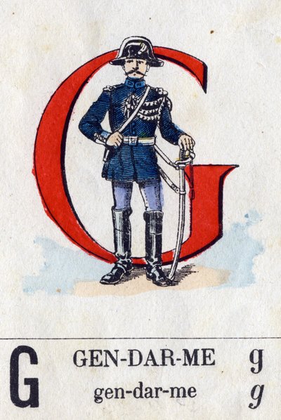 Letra G como gendarme. Alfabeto militar. Imágenes de Epinal, circa 1870-1880. Xilografías coloreadas con esténcil de French School
