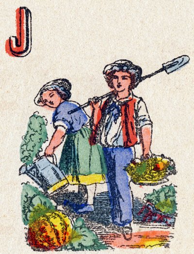 Letra J Jardineros. Grabado en "Alphabet des jeux". Sr. Vagne, editor, Pont-à-Mousson, finales del siglo XIX. Serie rosa. 12 páginas. Álbum que contiene un método de lectura simplificado y un abecedario ilustrado. de French School