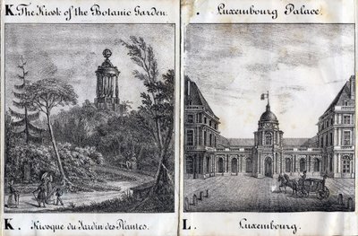 Letra K Quiosco del Jardin des Plantes y L Palais du Luxembourg - "Alphabet Picturesque des Monumens de Paris" c.1840 (grabado) de French School
