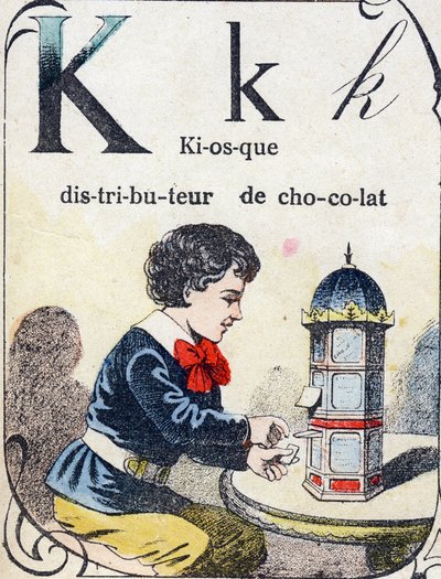 Letra K: quiosco dispensador de chocolate. Grabado en "ABC des joux pour petits boys". Imágenes de Pont-a-Mousson, Louis Vagne, impresor-editor, finales del siglo XIX. Dim: 32,5x25 cm de French School
