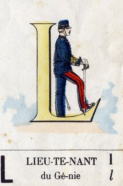 Letra L como teniente. Alfabeto militar. Imágenes de Epinal, circa 1870-1880. Xilografías coloreadas con plantilla de French School