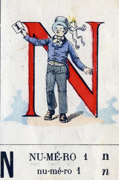 Letra N como número 1. Alfabeto militar. Imágenes de Epinal, circa 1870-1880. Xilografías coloreadas con plantilla de French School