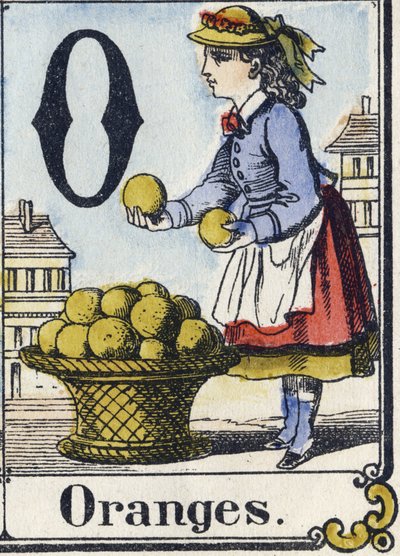 Letra O: Naranjas. Alfabeto recreativo. Imagen de Epinal, circa 1880 de French School
