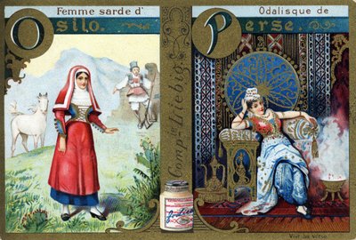 Letra O como Mujer Sarda de Osilo y P como Odalisca de Persia. Alfabeto de mujeres. Serie de 12 imágenes. Publicidad de Liebig de French School