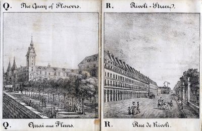 Letra Q y A: El muelle de las flores y la calle de Rivoli - "Alphabet Picturesque des Monumens de Paris" c.1840 (grabado) de French School