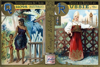 Letra Q como Mujer Indígena de la Isla Quoin y R como Mujer Boyarda en Rusia. Alfabeto de mujeres. Serie de 12 imágenes. Publicidad de Liebig de French School