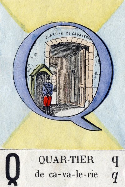 Letra Q como barrio. Alfabeto militar. Imágenes de Epinal, circa 1870-1880. Xilografías coloreadas con plantilla de French School