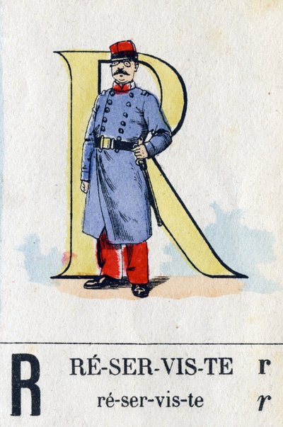 Letra R como reservista. Alfabeto militar. Imágenes de Epinal, circa 1870-1880. Xilografías coloreadas con esténcil de French School