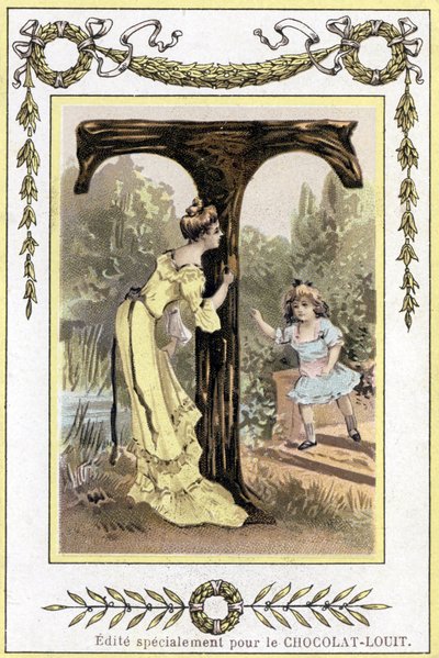 Carta T representando a una madre y su hija jugando al escondite, finales del siglo XIX de French School