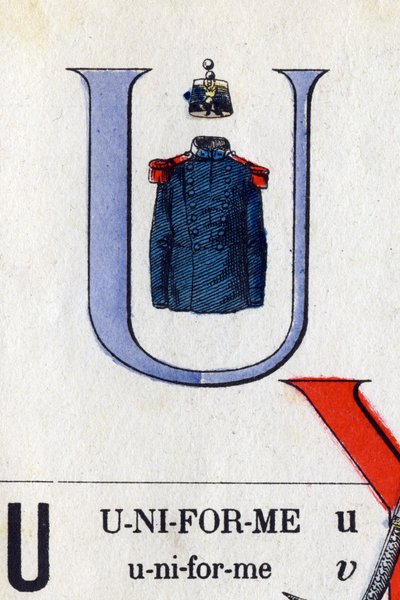 Letra U como uniforme. Alfabeto militar. Imágenes de Epinal, circa 1870-1880. Xilografías coloreadas con plantilla de French School