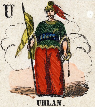 Letra U como Uhlan. Pequeño alfabeto enciclopédico. Imagen de Epinal, circa 1860 de French School