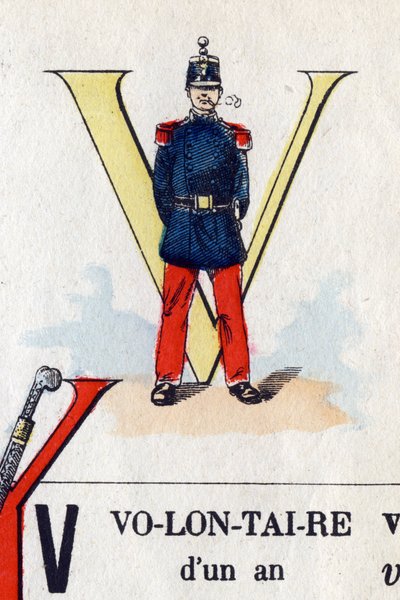 Letra V como voluntario. Alfabeto militar. Imágenes de Epinal, circa 1870-1880. Xilografías coloreadas con plantilla de French School