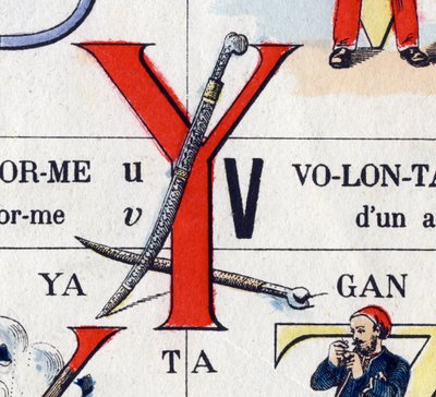 Letra Y como yatagán. Alfabeto militar. Imágenes de Epinal, circa 1870-1880. Xilografías coloreadas con plantilla de French School