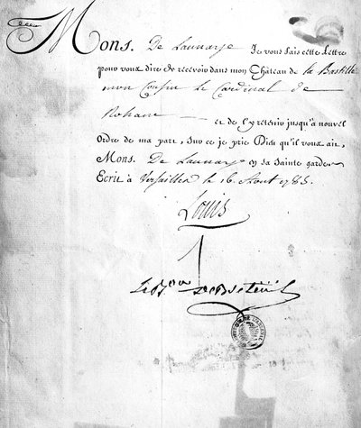 Carta de Carhel, firmada por el Barón Louis de Breteuil, ordenando el encarcelamiento del Cardenal de Rohan en 