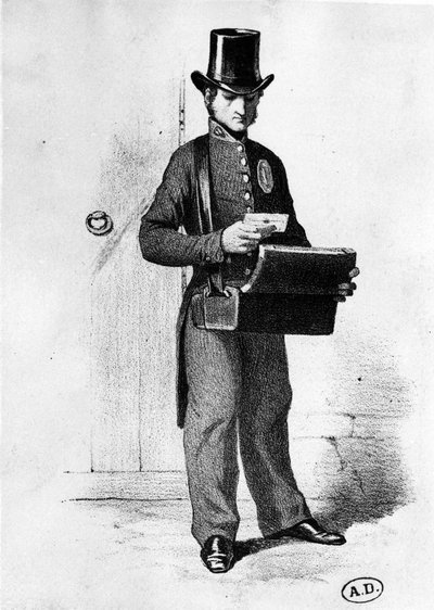 Portacartas: cartero alrededor de 1850 - grabado, Bibl. des Arts deco. de French School