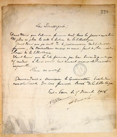 Carta de protesta solicitando la denegación de entrada a mujeres en la Biblioteca de la Sorbona de French School