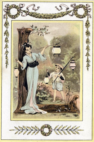 Letra representando a una madre japonesa y su hijo con linternas, finales del siglo XIX (cromolitografía) de French School