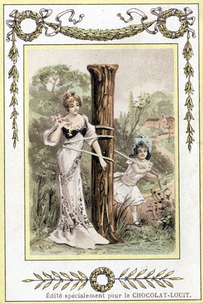 Letra representando a una madre y su hija jugando, finales del siglo XIX (cromolitografía) de French School