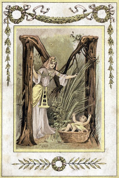 Carta representando a una madre egipcia encontrando a un niño abandonado (Moisés salvado de las aguas), finales del siglo XIX de French School