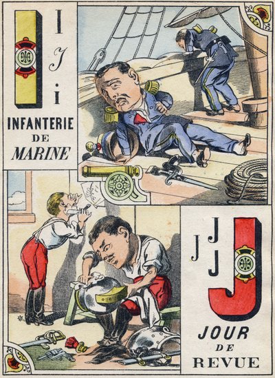 Letras I y J: Infantería de Marina y Día de Revisión. Grabado en "Alfabeto Militar Cómico". Quinta serie. Imagen de Epinal, finales del siglo XIX de French School