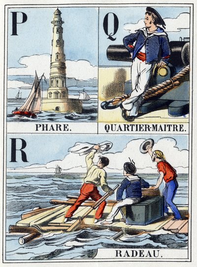 Letras P como faro, Q como jefe de barrio, R como balsa. Abecedario naval de 16 páginas que contiene un alfabeto en letras mayúsculas. Imagen de Epinal, finales del siglo XIX. Grabados en madera con esténcil. Dim: 21x14,5cm de French School