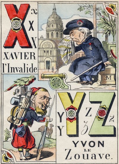 Letras X Y Z: Xavier el inválido y Yvon el Zuavo. Grabado en "Alfabeto Militar Cómico". Quinta serie. Imagen de Epinal, finales del siglo XIX de French School