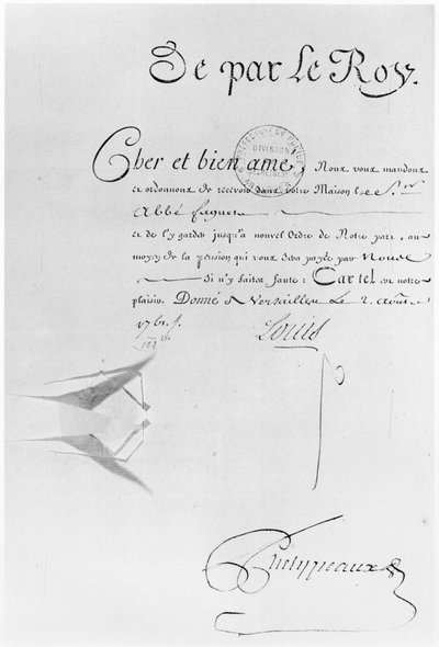 Carta de Cachet del Rey Luis XV para encarcelar al Abad Faguer, 2 de agosto de 1761 (tinta sobre papel) de French School
