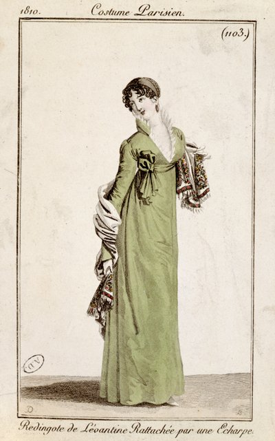 Levantina con abrigo abrochado con una bufanda, lámina de moda de Costume Parisien, 1810 de French School