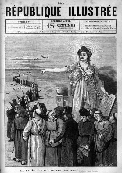 Liberación del territorio: la República Francesa expulsa a congregaciones religiosas no autorizadas del territorio francés tras los decretos de marzo de 1880 tomados por Jules Ferry y privándolas del derecho a enseñar. Un periódico. Grabado de 1880 en "La  de French School