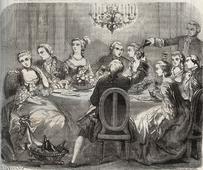 Libertinaje: Christian VII (1749-1808), Rey de Dinamarca y Noruega, durante una fiesta libertina organizada por la bailarina Marie Madeleine Guimard (1743-1816) en su casa de Pantin. Grabado de 1871 en “Histoire Des Cocuses Celebres” de Henry de Kock de French School