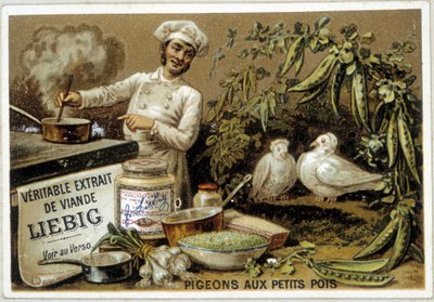 Recetas Liébig: pichones con guisantes - cromo de French School