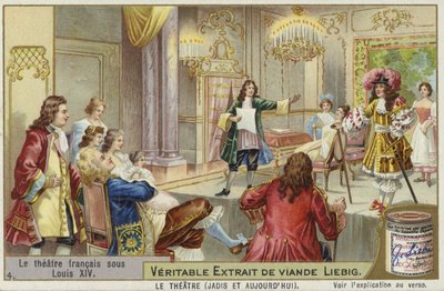 Tarjeta Liebig con teatro francés durante el reinado de Luis XIV de French School